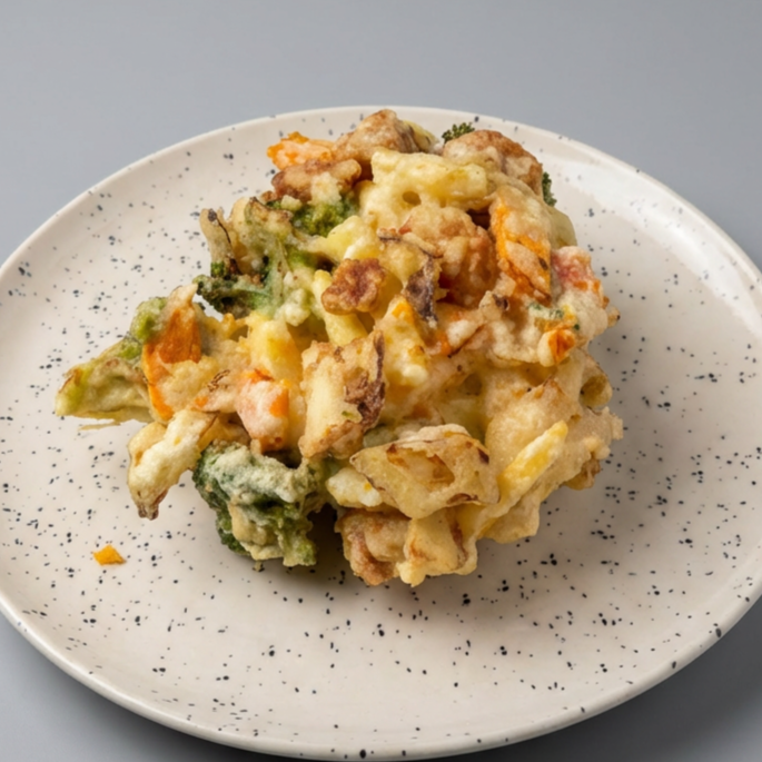 Empanado de legumes, batata em tiras, cenoura, brócolis, pimentão e cebola com frango