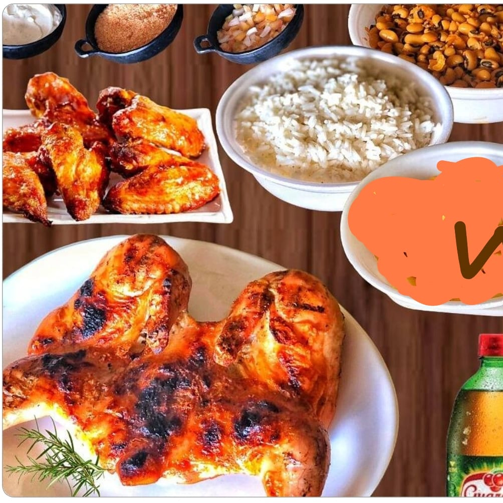 1 Galeto inteiro com osso! mais porção de feijão macassar e arroz, 1 guarana de 1 litro tambem 6 asinhas na brasa, Adicionais: Farofa+ vinagre+ molho de alho