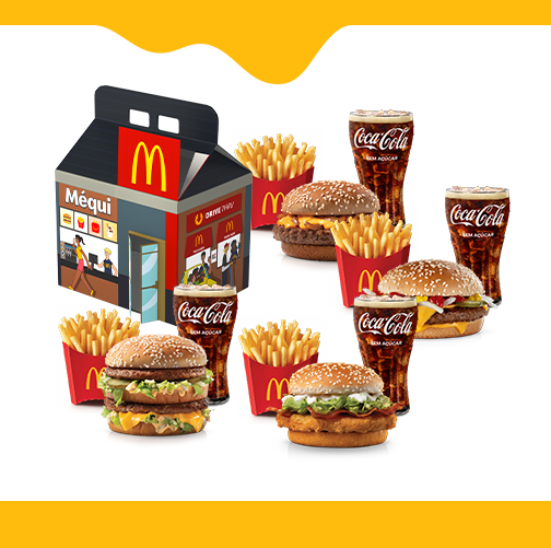 São 4 Mcofertas para você compartilhar com quem preferir #Méquinosofá. Escolha 4 (quatro) sanduíches entre as opções: Big Mac, Cheddar McMelt, Quarterão com Queijo, McChicken Bacon, McNífico Bacon, Duplo Quarterão ou Duplo Cheddar, 4 (quatro) McFritas Médias e 4 (quatro) bebidas. Imagem Meramente Ilustrativa.