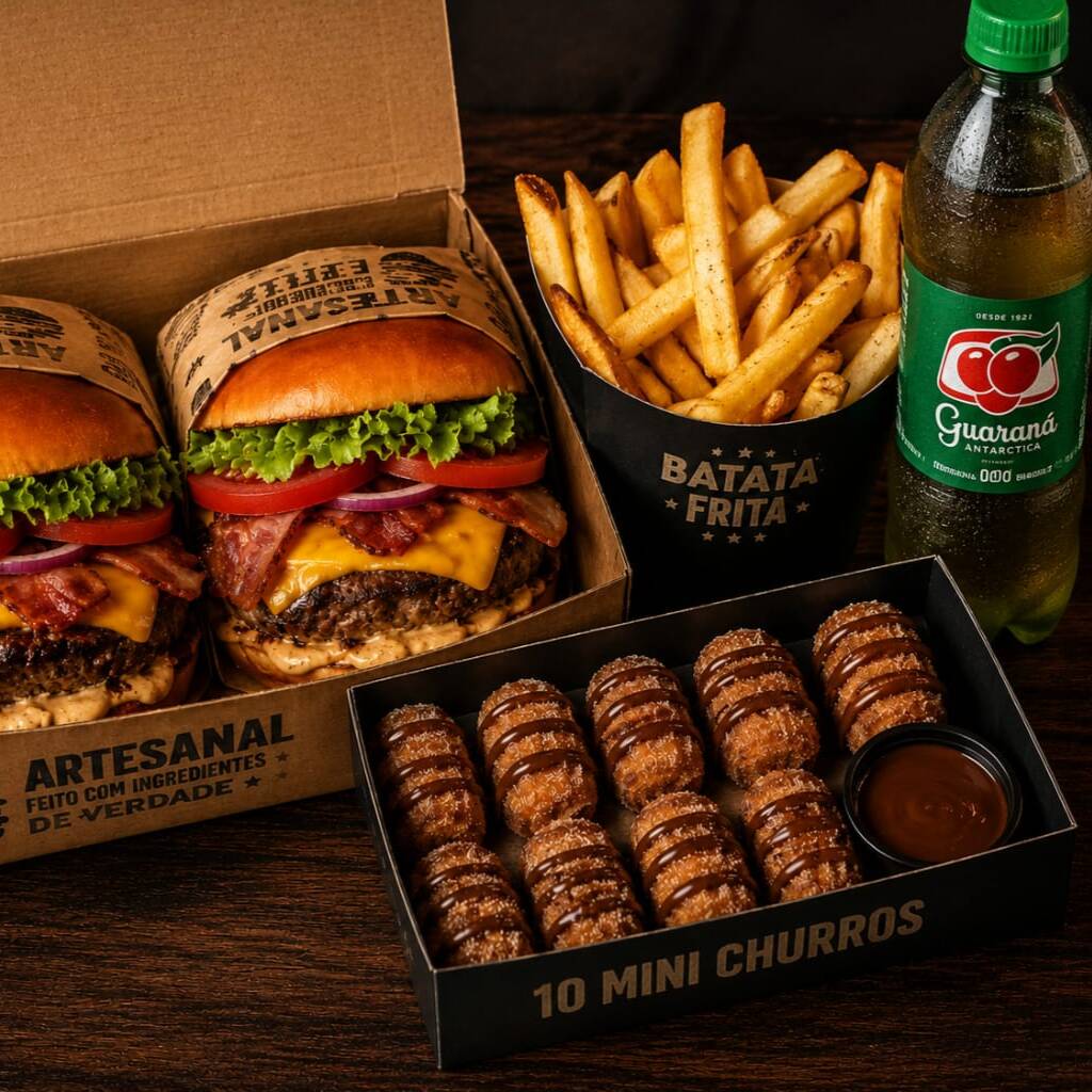 Composto por 2 X-bacon com hambúrguer100% BOVINO DE 56GRgr cada, porção de fritas sequinhas e crocantes, 10 churros de doce de leite ou chocolate e 1 Coca-cola 600ml geladinha, combinação perfeita pra dividir com quem você ama!!!