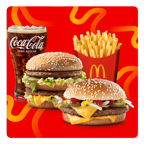 Nesta promoção você leva 2 Sanduíches entre as opções: Big Mac, Cheddar McMelt, Quarterão com Queijo, McChicken, McChicken Bacon, Duplo Burger Bacon ou Duplo Burger com Queijo, 1 (uma) McFritas Média e 1 (uma) bebida. IMAGEM MERAMENTE ILUSTRATIVA.