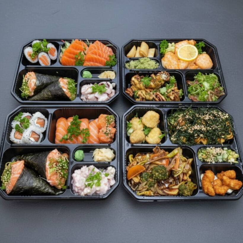 Não fazemos alterações (acompanha 4 hashis, 8 shoyus e 2 tarês). Não fazemos temaki sem arroz, nem em cubos. 4 teppan de salmão 4 harumaki 4 guioza Tempura de camarão Hot Roll Yakissoba tradicional Shimeji 4 Camarão crispy Sunomono. Pode ser alterado de acordo com a disponibilidade de itens