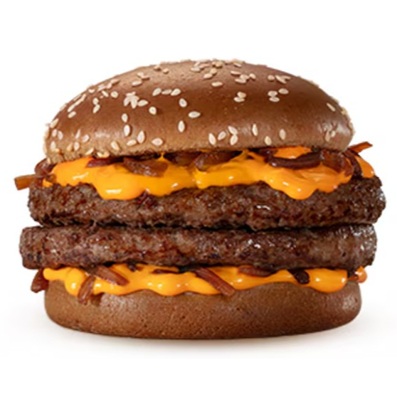 Dois hambúrgueres (100% carne bovina), molho lácteo com queijo tipo cheddar, cebola ao molho shoyu e pão escuro com gergelim