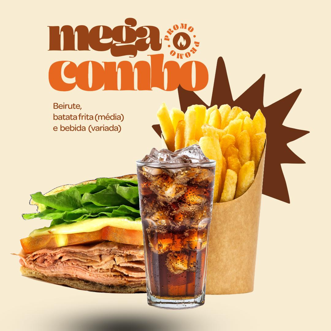 Escolha 01 Beirute e leve 01 Batata Frita + 01 Bebida (mandamos a que estiver disponível no Dia sem opção de escolha)
