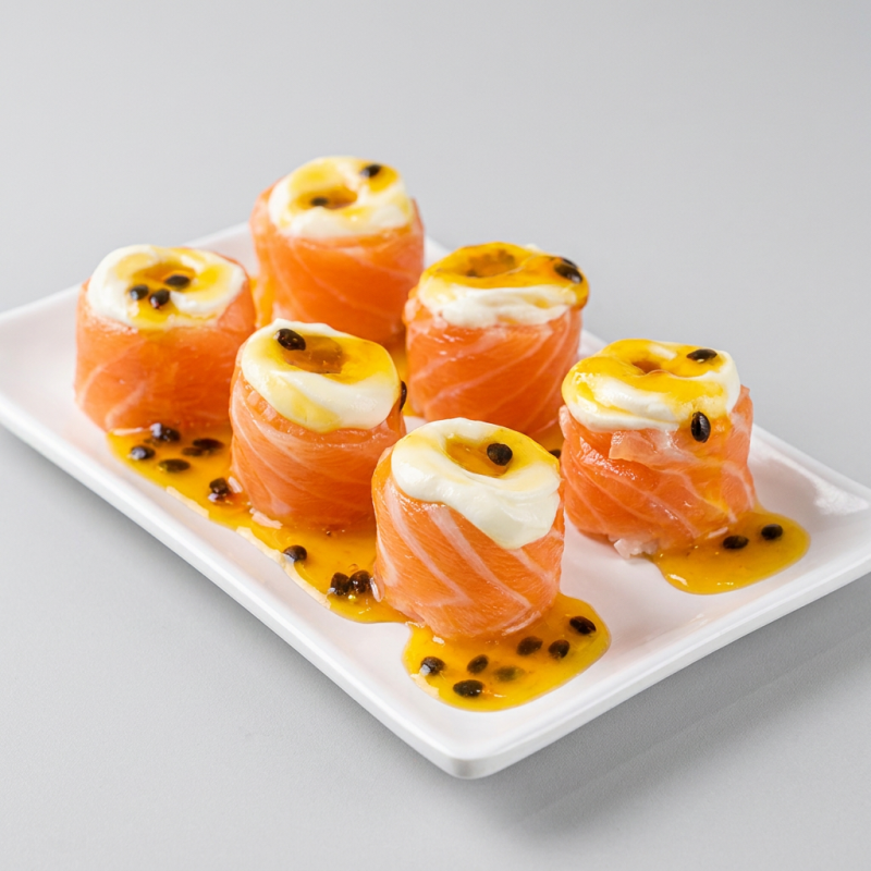 Salmão enrolado no arroz com cobertura de cream cheese e maracujá