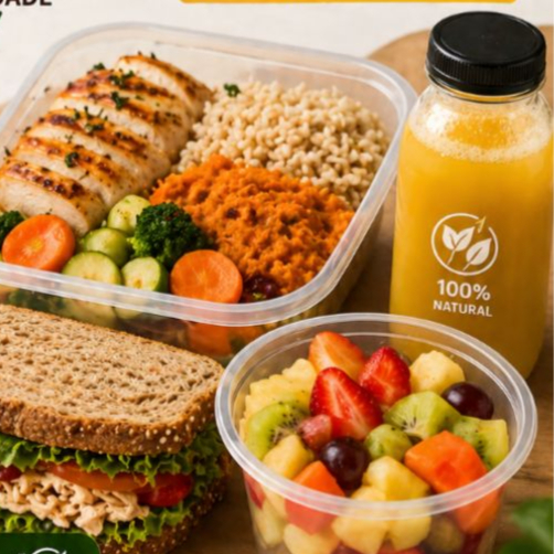 Combo de Porções de 350ml, com opções sortidas de marmita, vai acompanhada uma marmita de 350ml, um suco natural, um lanche natural de frango e uma salada de fruta.