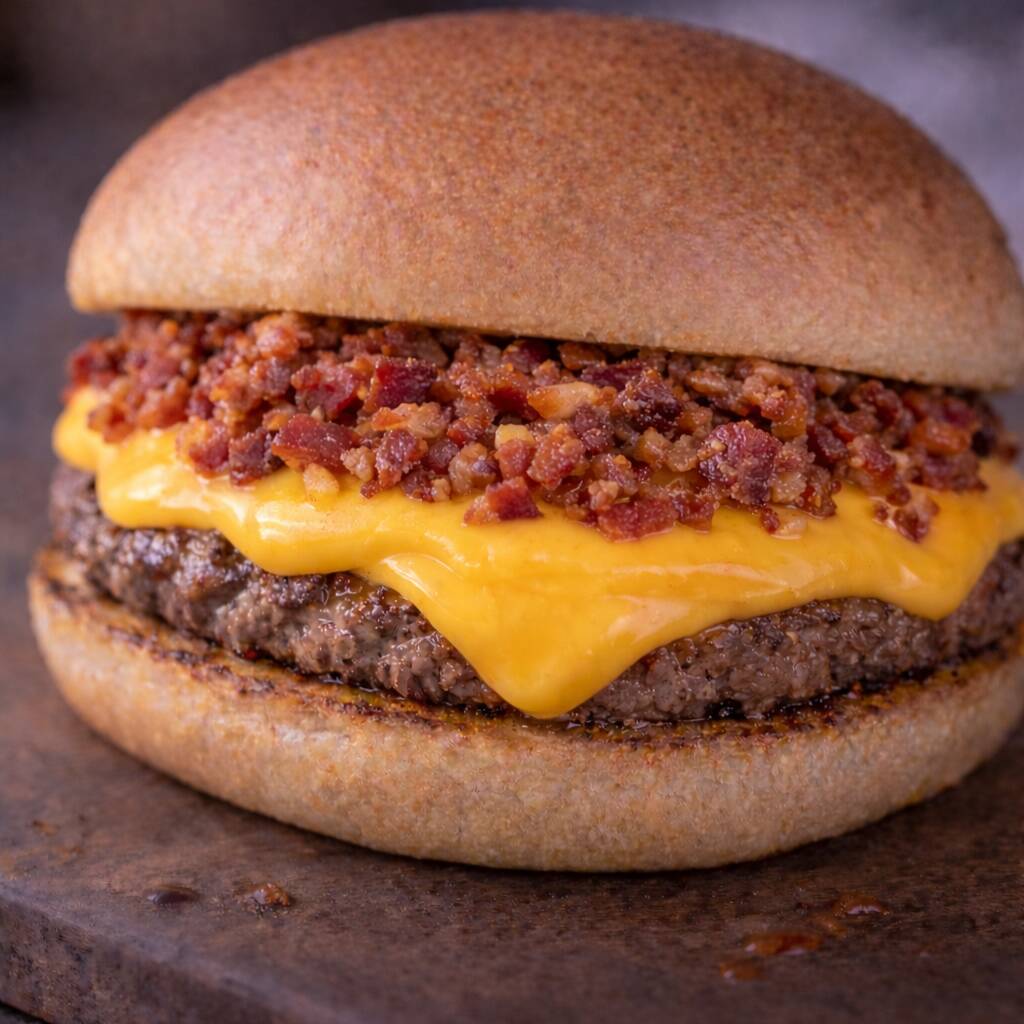 Pão brioche com gergelim, hambúrguer 100g, cheddar cremoso, bacon e maionese artesanal.