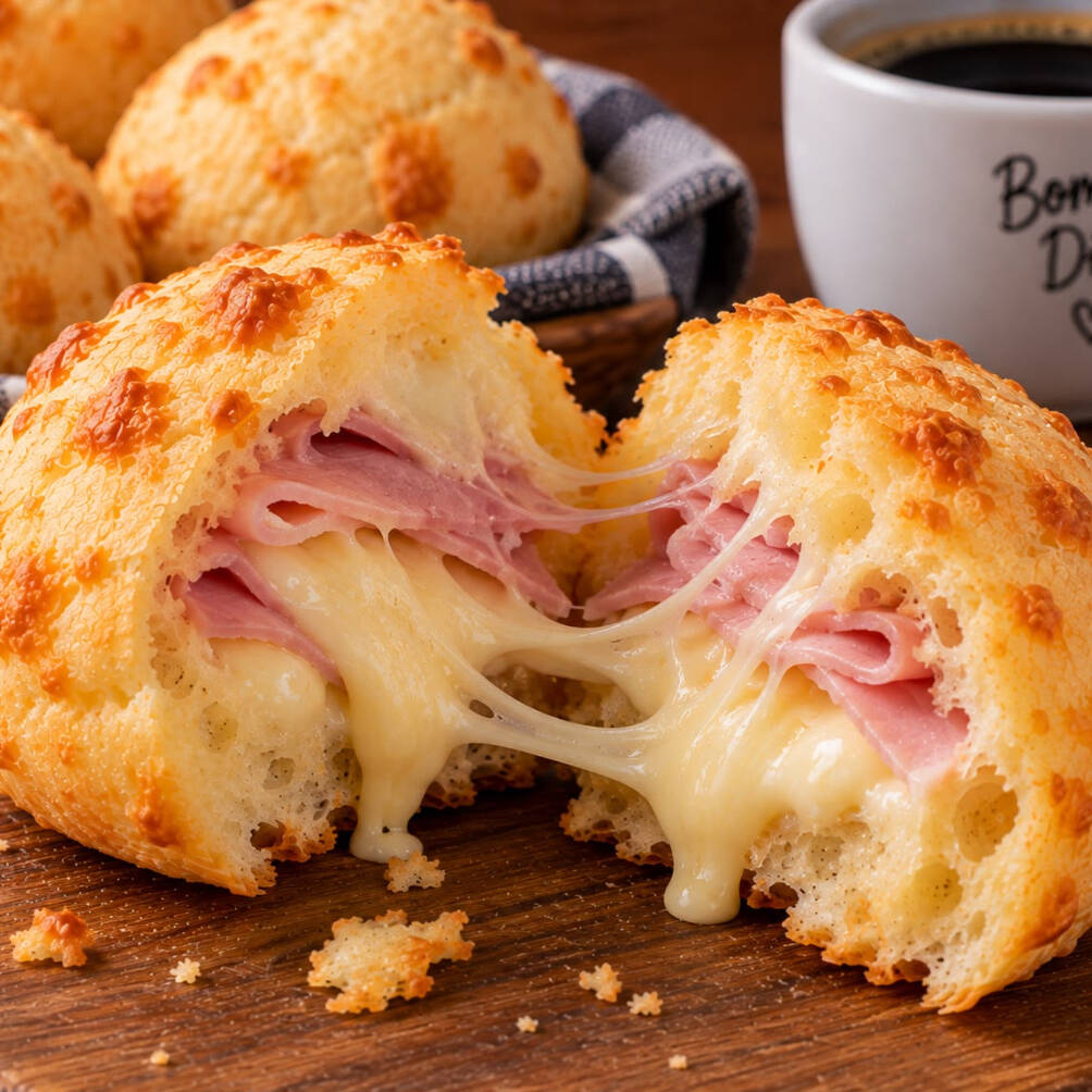 Pão de queijo quentinho recheado com presunto e queijo