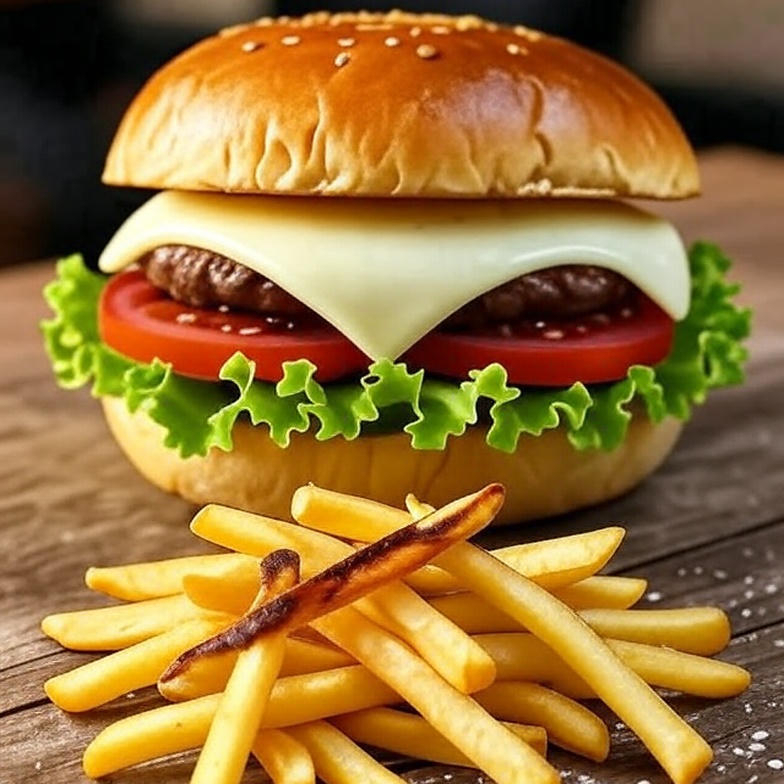 Blend bovino 160g, queijo prato derretido, picles de pepino, cebola roxa e ketchup. Acompanhando Fritas Fininhas (Antigo Quarteirão do Dom)