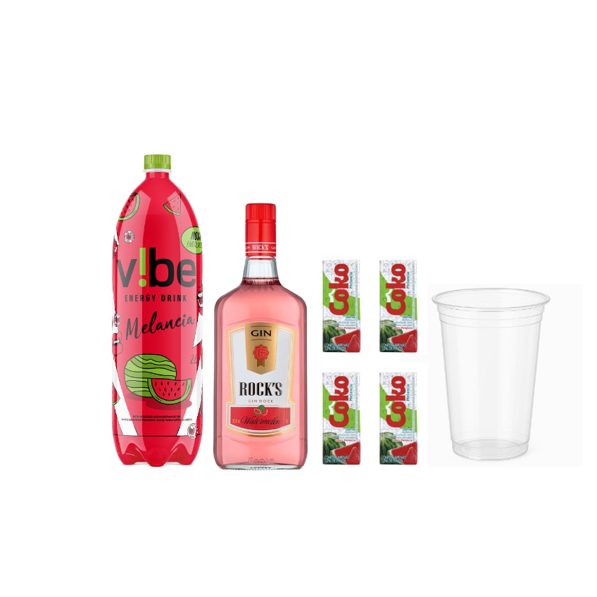 Gin Rock's Watermelon 1l + Energético 2l + 4 gelos + 3 copos 770ml
