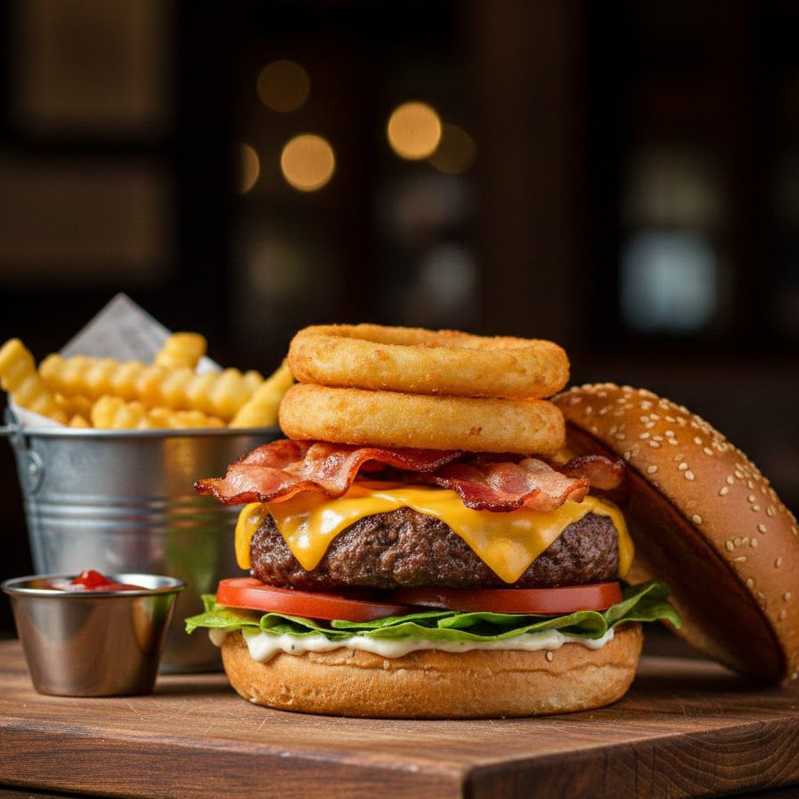 BURGER TOCINO Y AROS DE CEBOLLA