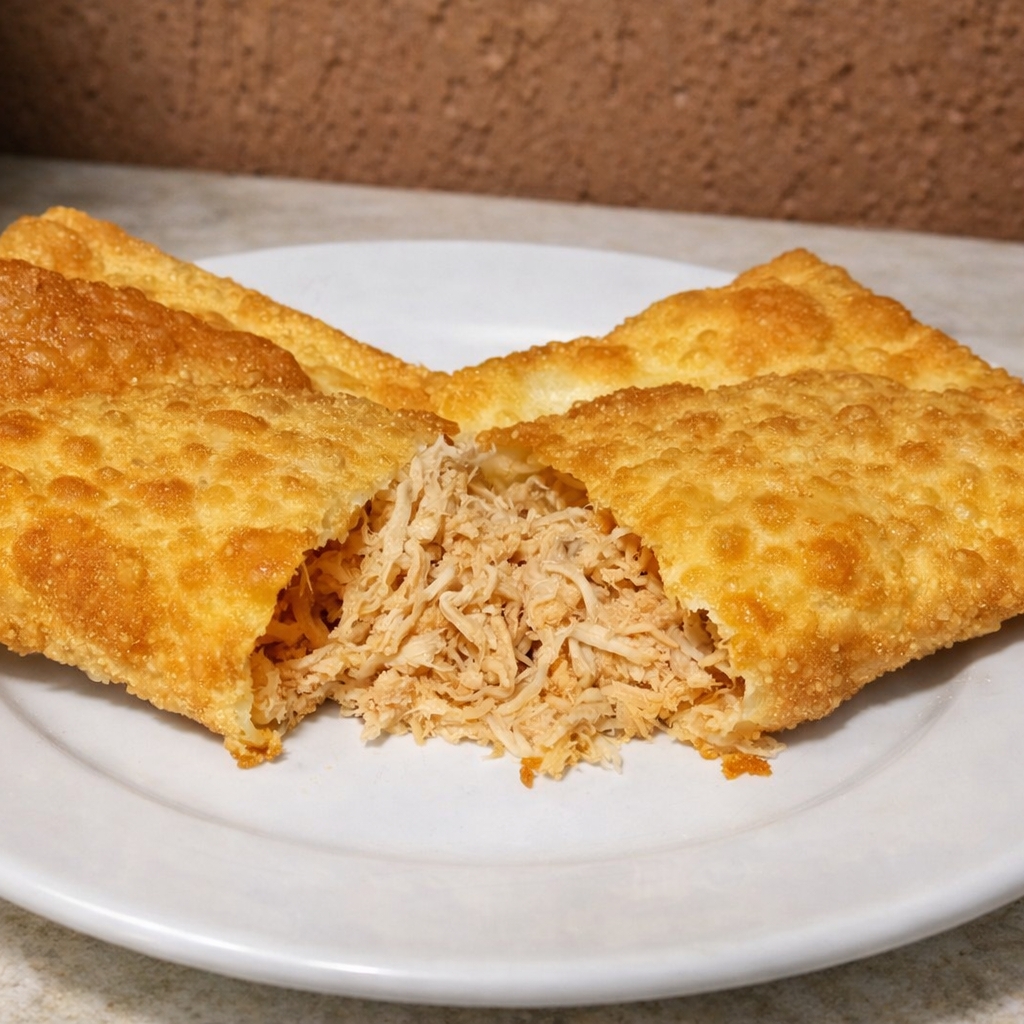 Pastel recheado com frango desfiado uma combinação irresistível.