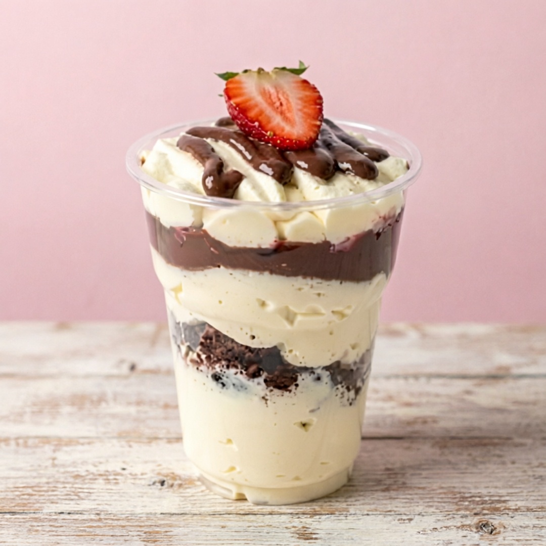 Creme de ninho, brownie, nutella e morangos.