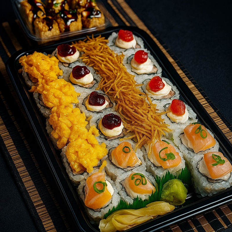 8 Hot filadélfia 5 Uramaki Kani com Salmão em cubos e cebolinha 5 Uramaki filadélfia com Cream Cheese e Pimenta Biquinho 5 Uramaki Skin com Cream Cheese e Geléia 5 Uramaki filadélfia com Doritos e 5 Uramaki Skin com batata Crispy