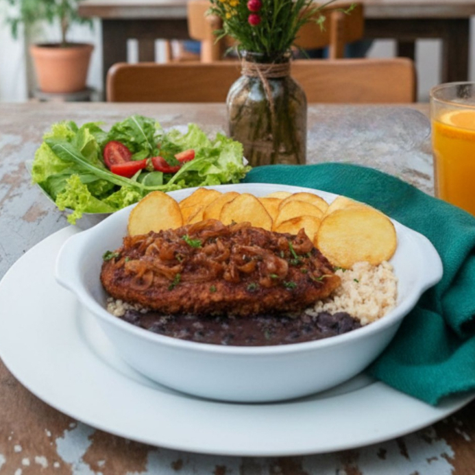 Nosso Combo Filé com Fritas, agora por um preço especial! Saboreie um suculento filé de proteína de ervilha, acompanhado de arroz integral, feijão, fritas crocantes e cebolas caramelizadas. Para acompanhar um refrigerante Fys lata 350. Sabores laranja, guarana ou limão siciliano escolha o seu nas observações!