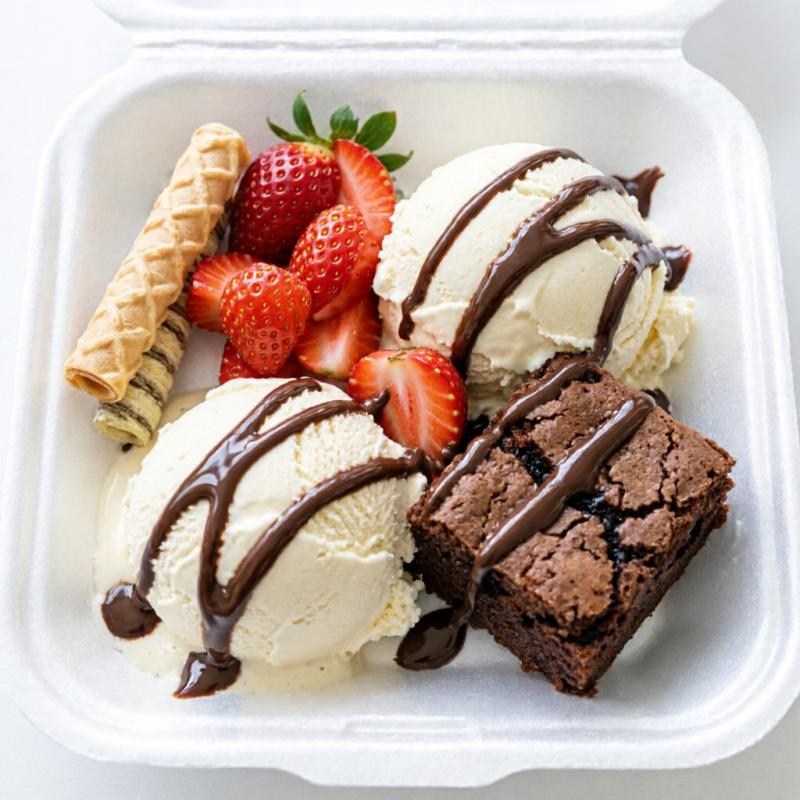 Brownie de 80grs mais duas bolas de sorvete de 150grs cada mais morangos e canudo waffles mais cobertura ao seu gosto