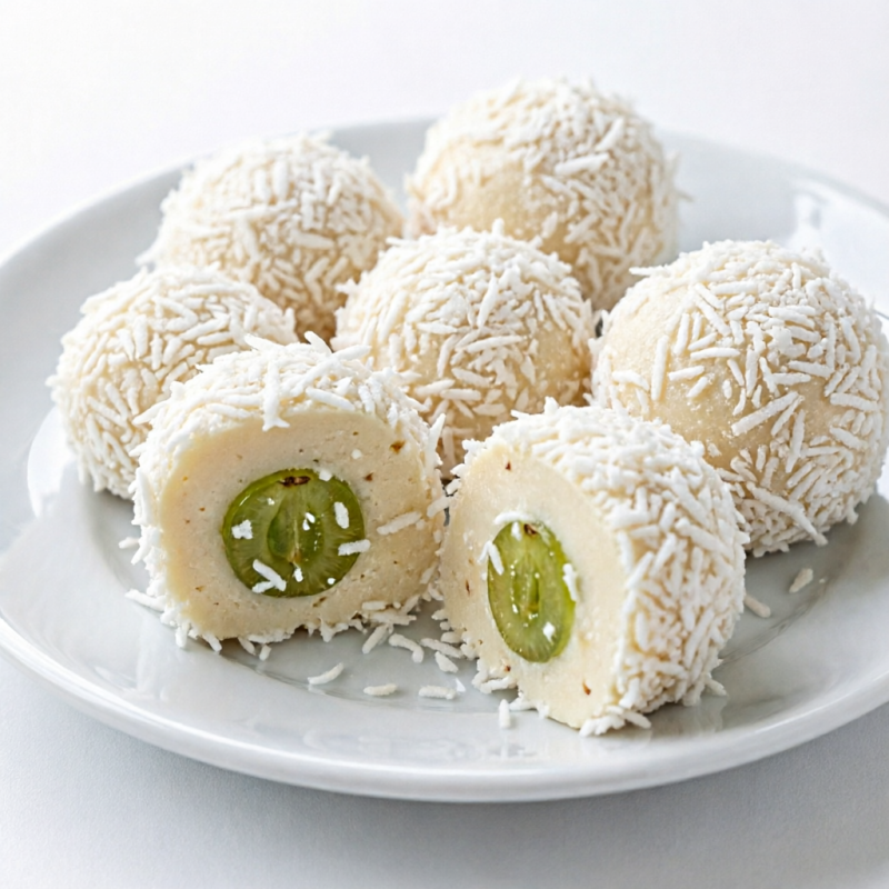 12 docinhos com a nossa massa de Brigadeiro branco com uvas verde sem semente envolvida no coco em flocos