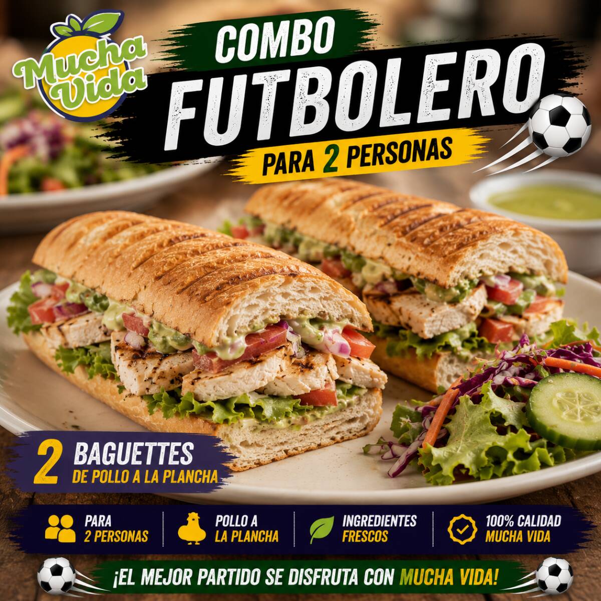 Combo Futbolero 2 Baguettes de Pollo a la Plancha