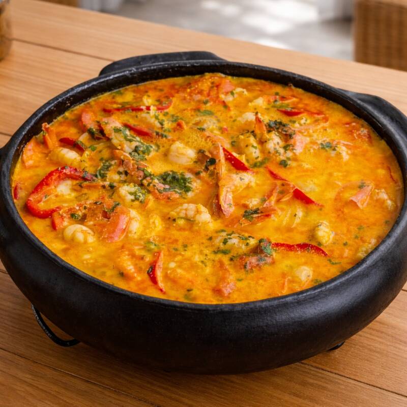 Uma combinação irresistível de sabores: 500g de pintado (surubim) em pedaços suculentos, preparados em um caldo encorpado e aromático, junto com 300g de camarão rosa de Belém sem casca, macio e cheio de sabor. Acompanha pimentões frescos, tomate e batata inglesa, que completam a textura e o tempero desse prato típico e marcante. Servido com arroz branco soltinho para harmonizar perfeitamente.