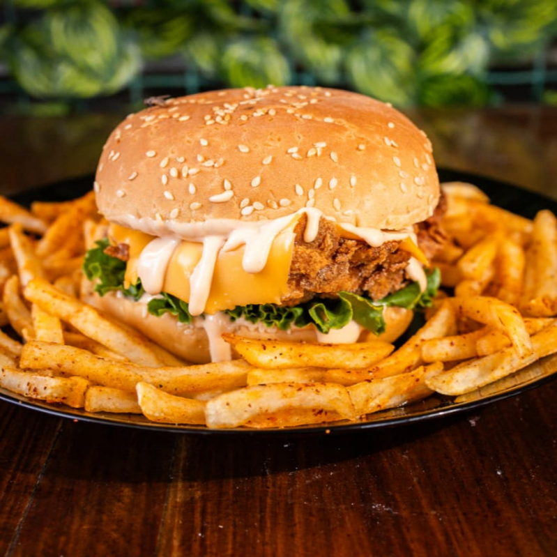 CHICKEN BURGER + PAPAS
