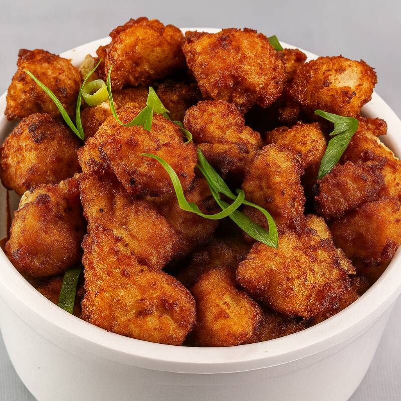 frango cartados em cubos empanado na panko