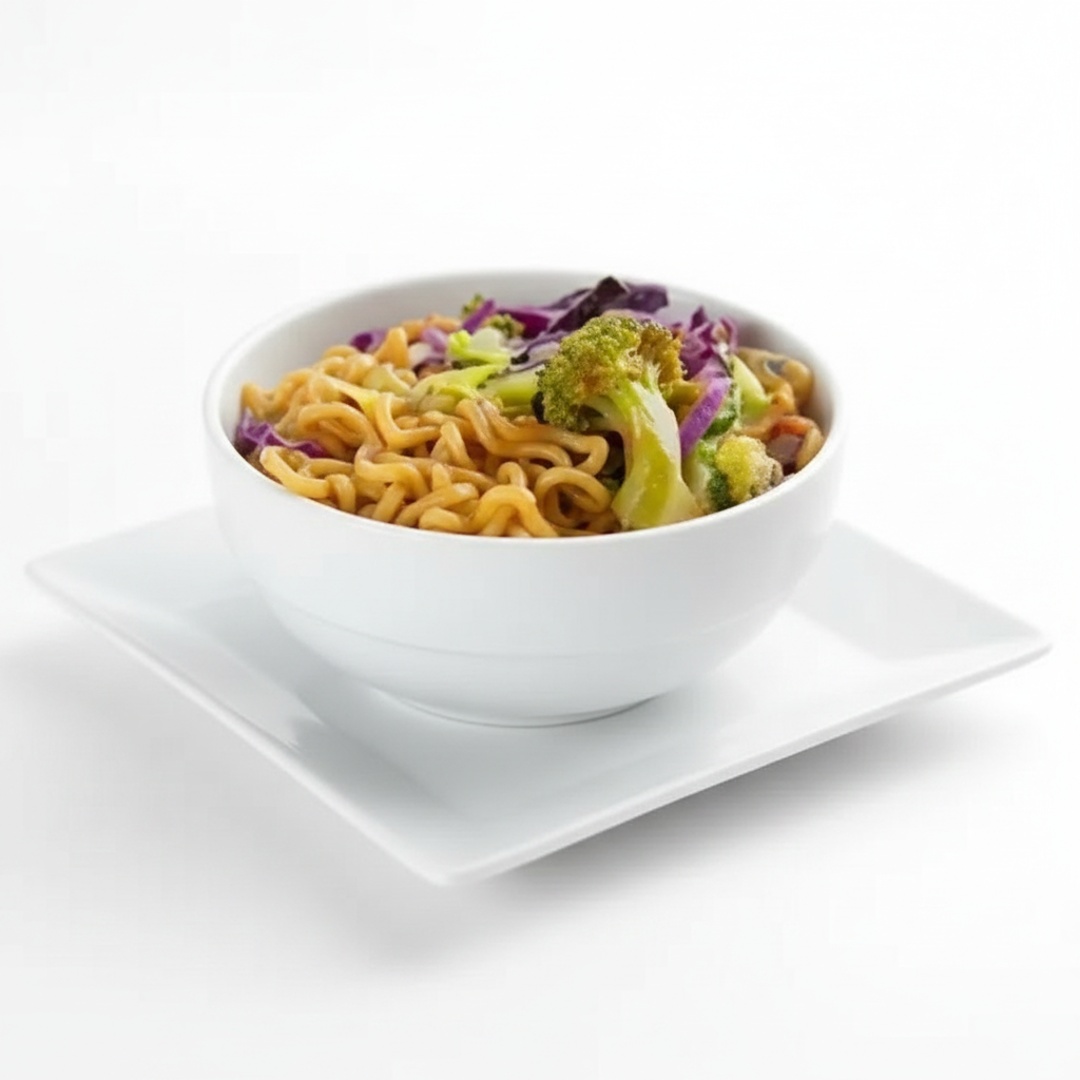 Macarrão, alho refogado, mais repolho verde, mais repolho roxo, brócolis e cenoura e nosso molho especial.