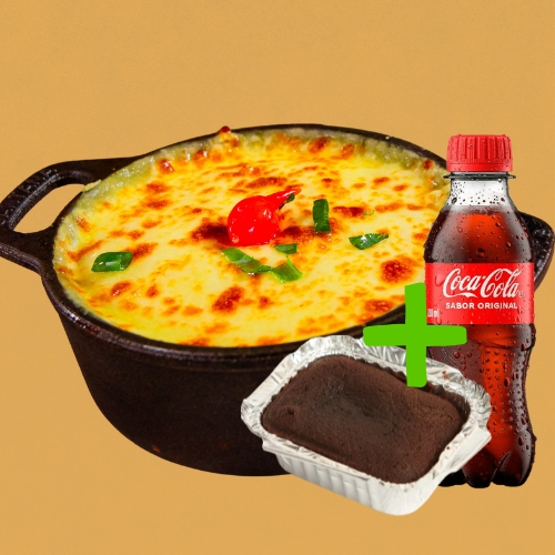 Escondidinho a base de mandioca, recheado com costela desfiada e catupiry, servido com arroz, e batata chips + Bebida 200 ml + Sobremesa