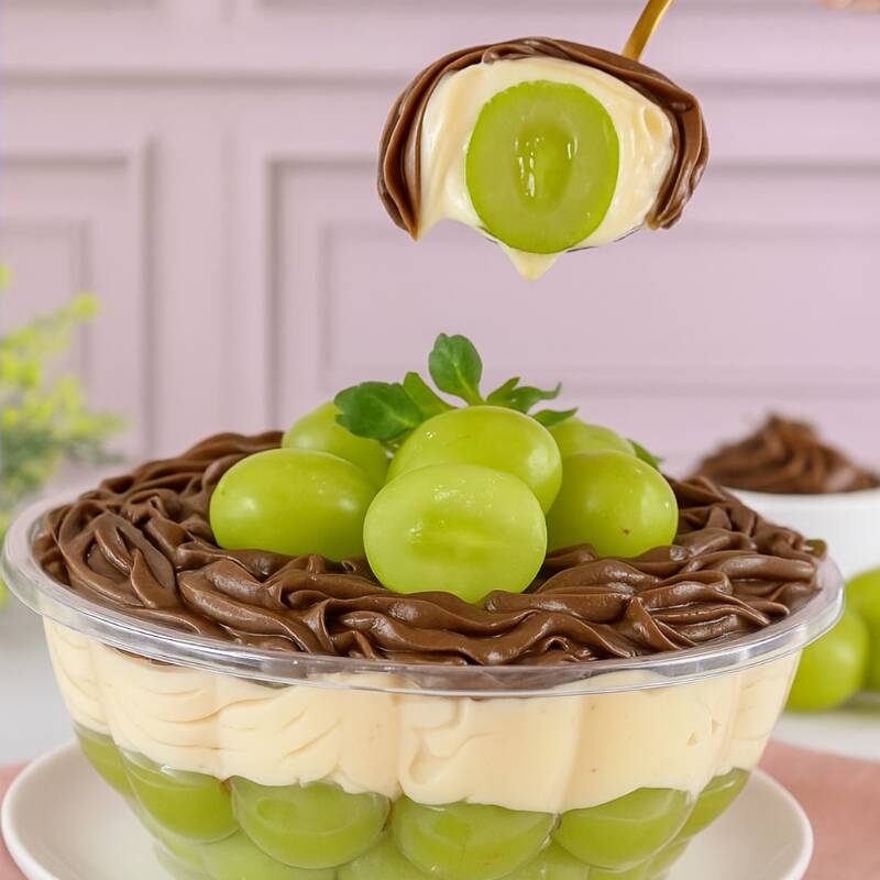 Uvas verdes,creme branco delicioso e suave, finalizando com brigadeiro