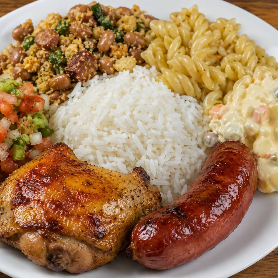 Arroz, feijão tropeiro, vinagrete e Macarrão