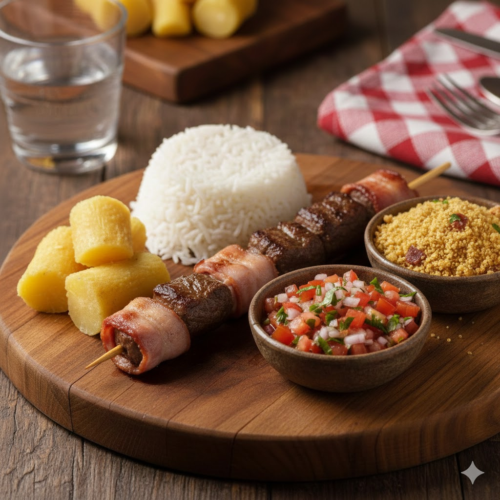 Macaxeira + arroz + espetinho de frango com bacon + vinagrete + farofa