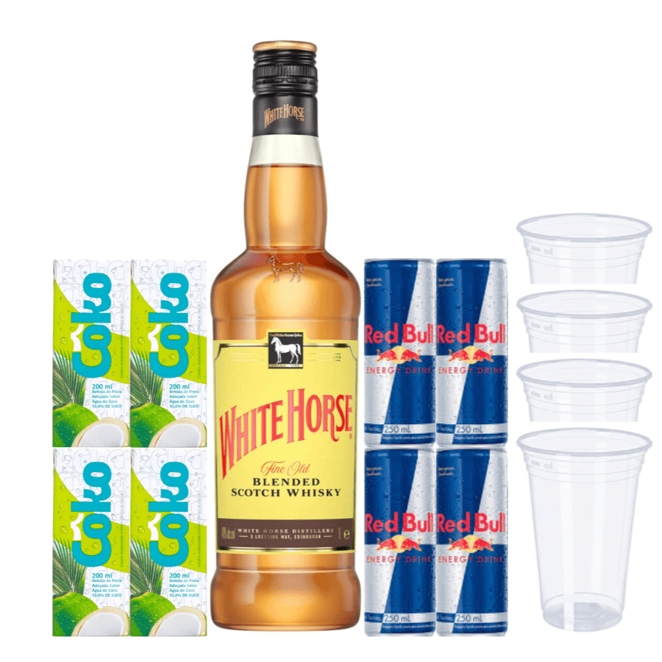 Garrafa de White Horse Cavalo Branco 1L, 4 Redbull, 4 Gelos de Coco, 4 Copos de 770ml