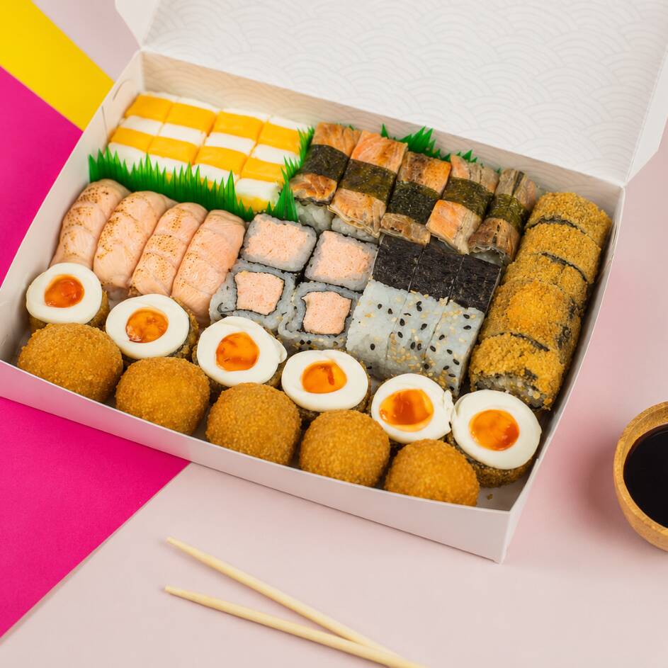 4 Niguiri de salmão maçaricado, 5 Niguiri skin, 4 Tortinhas de salmão grelhado com cream chesse e cheddar, 5 Bolinha de salmao crocante, 5 Uramaki de salmão grelhado, 5 Maki de salmão grelhado, 6 Hot de salmão grelhado com cream chesse e geléia de pimenta e 6 Hot de salmão grelhado.