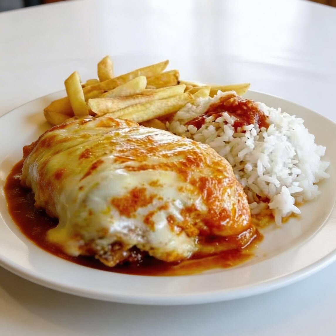 Marmitex de carne a parmegiana coberto com queijo. Caso precise de talheres informe no chat para encaminharmos com o seu pedido.