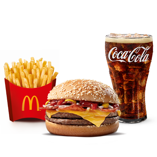 Dois hambúrgueres (100% carne bovina), queijo cheddar, cebola, fatias de bacon, ketchup, mostarda e pão com gergelim, acompanhamento e bebida.