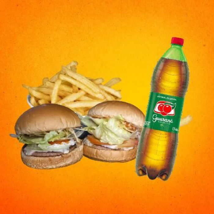 Dois x-saladas (pão de hambúrguer, hambúrguer, ketchup, mostarda, maionese, batata palha, queijo, cheddar, Catupiry, alface, tomate), porção de batata(com cheddar, Catupiry e ketchup) e um refrigerante 1l ou 1,5l.