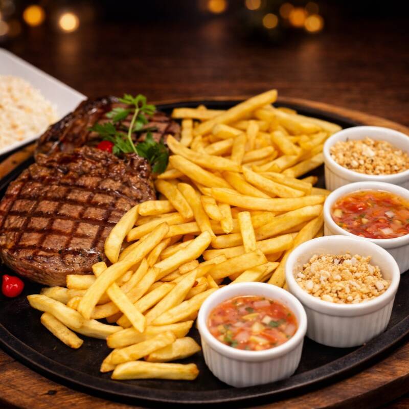 Ancho e chorizo grelhados no ponto ideal, acompanhados de arroz ao alho soltinho e batatas fritas crocantes. Um prato robusto, farto e irresistível. Perfeito para dividir e se deliciar com quem você gosta! Cada garfada é puro sabor e satisfação. Serve 2 pessoas.