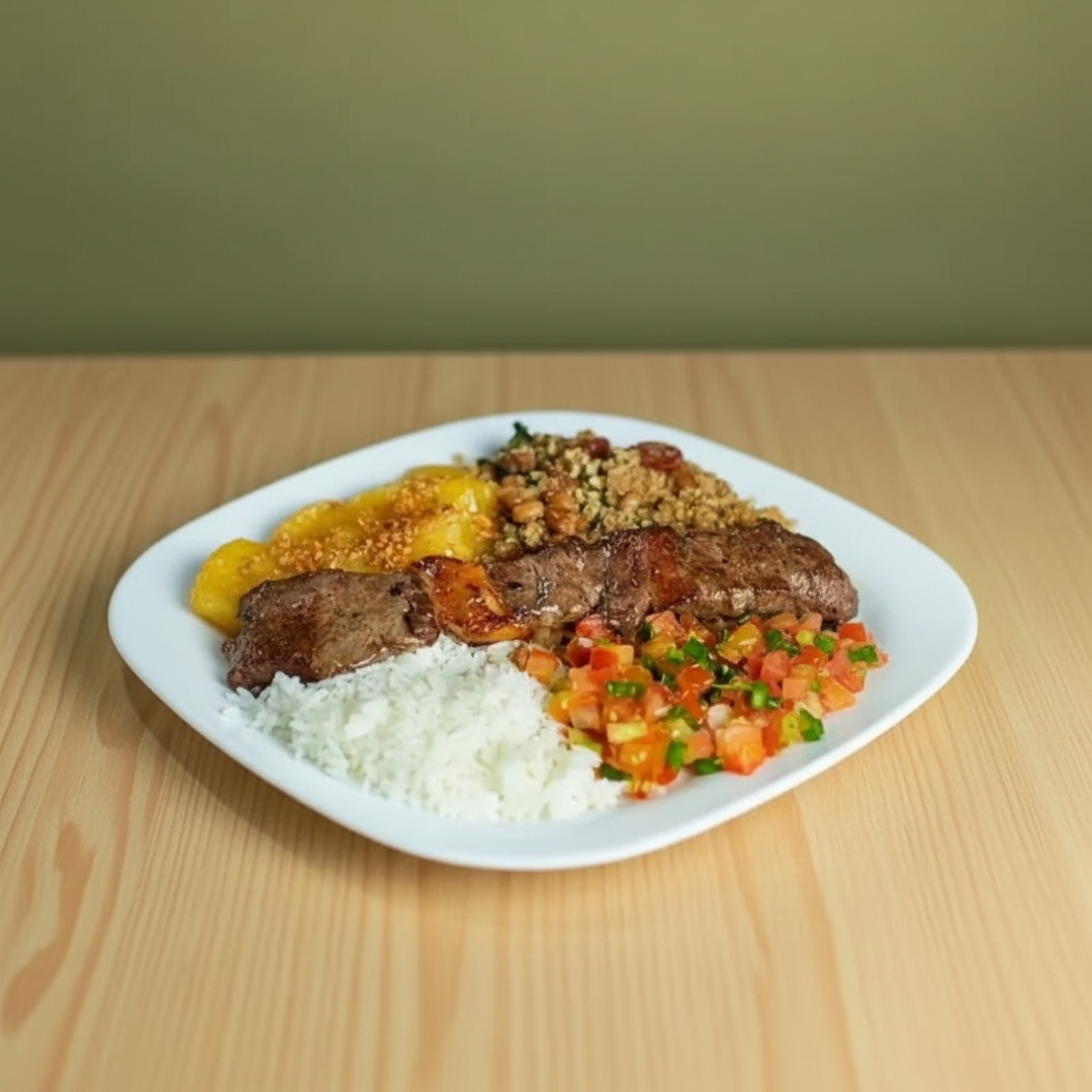 arroz, feijão tropeiro, vinagrete e mandioca