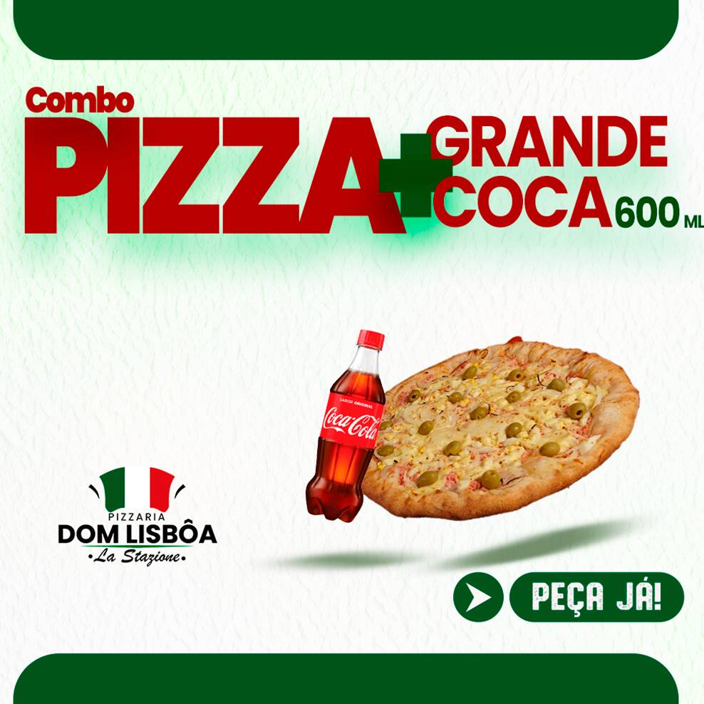 Delicie-se com o nosso combo promo: Grande + Coca Cola 600ml. Esta oferta inclui uma pizza grande, cuidadosamente preparada com ingredientes de alta qualidade, dividida em 8 fatias e disponível em dois de seus sabores tradicionais favoritos. E é claro que não pode faltar nesse combo uma refrescante Coca Cola de 600ml, gelada na medida certa. Ideal para compartilhar momentos especiais. Uma das opções mais amadas e vendidas em nosso cardápio. Experimente!