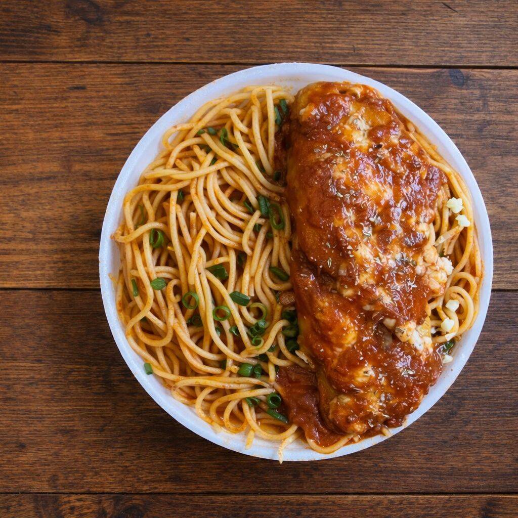 Marmita com delicioso filé de frango á parmegiana(empanado na massa crocante, coberto com molho de tomate e queijo mussarela) acompanhado com macarrão espaguete suculento al dente. ( Marmita Indicada para 01 pessoa)