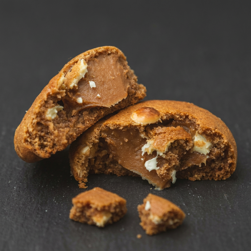 Massa de baunilha ciocco amanteigada com gotas de chocolate branco nobre e recheio de doce de leite caseiro.
