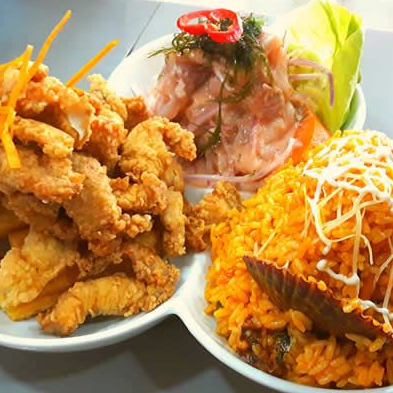 Trio Marino Ceviche Chicharrón y Arroz con Marisco