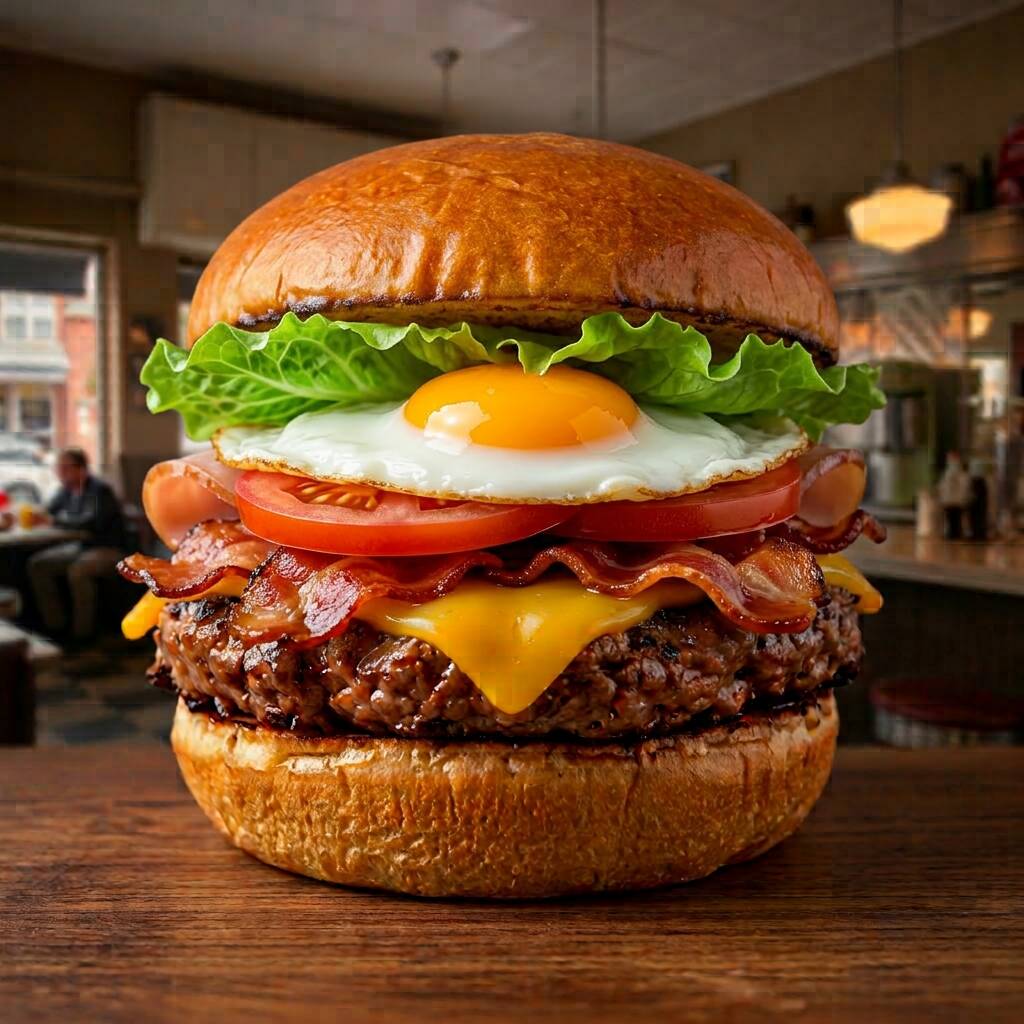 Pão, Hamburguer, queijo, presunto, bacon, ovo, alface e tomate