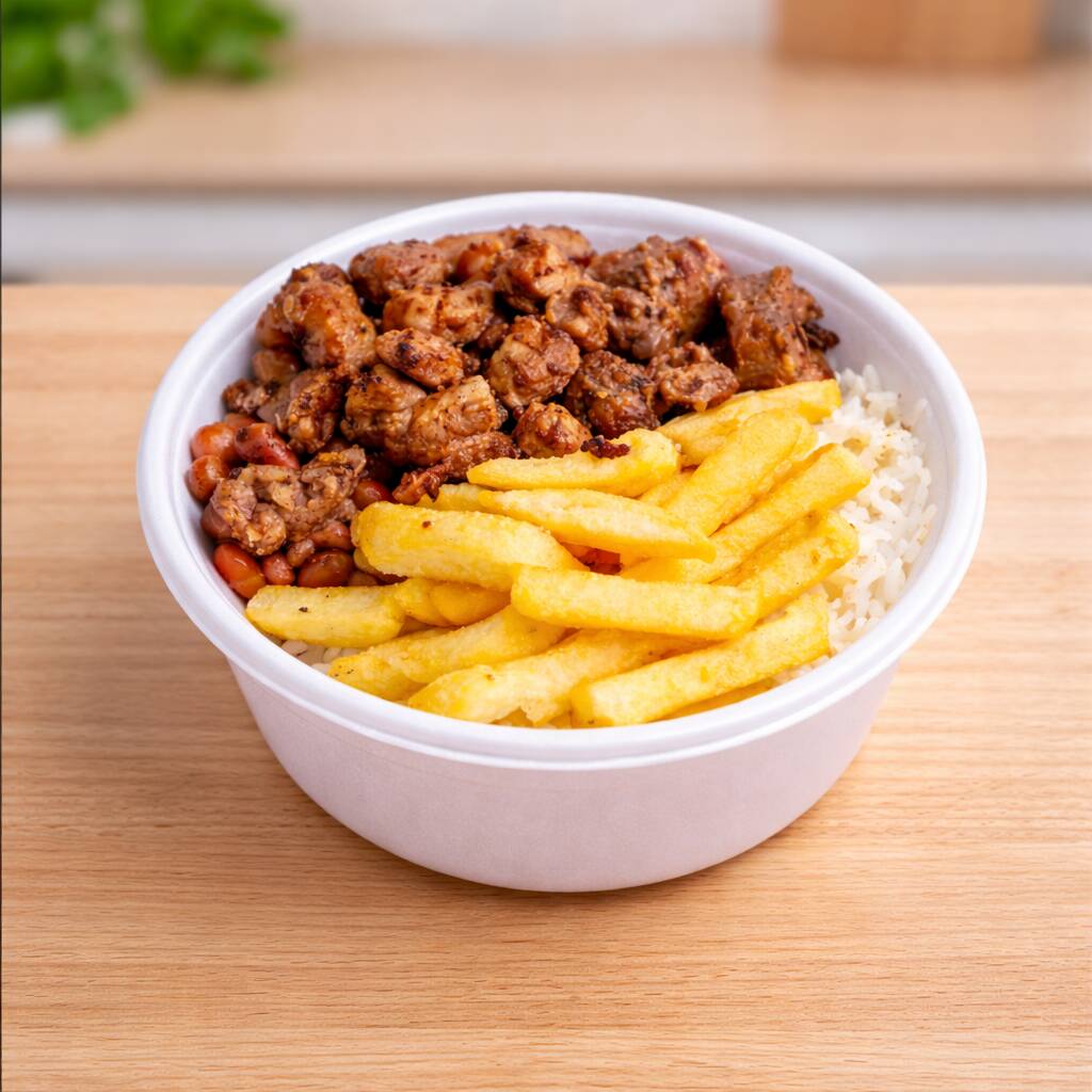 Arroz soltinho, feijão saboroso, batata frita crocante e carne acebolada bem temperada. Uma opção leve e prática para o almoço.