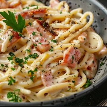 Pasta a la Crema con Tocineta y Pollo.