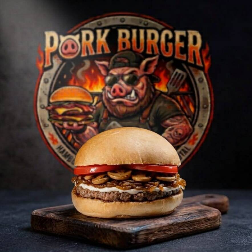 Hambúrguer Angus (Smash 100g - Esmagado na Chapa), requeijão cremoso, champignon selado na manteiga de garrafa, cebola caramelizada, tomate fresco, mostarda e maionese. Fechado no pão levemente selado. Intenso, cremoso e feito para quem respeita hambúrguer de verdade.