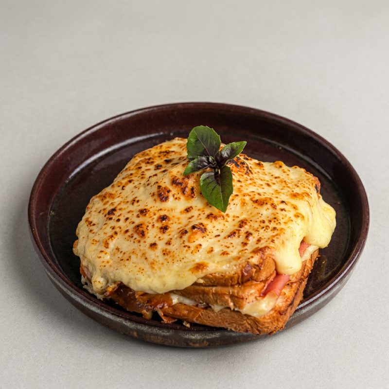 Misto quente feito no pão brioche de fermentação natural, molho branco, queijo mussarela, presunto e parmesão gratinado. TEMPO APROXIMADO DE PREPARO: 25 min.