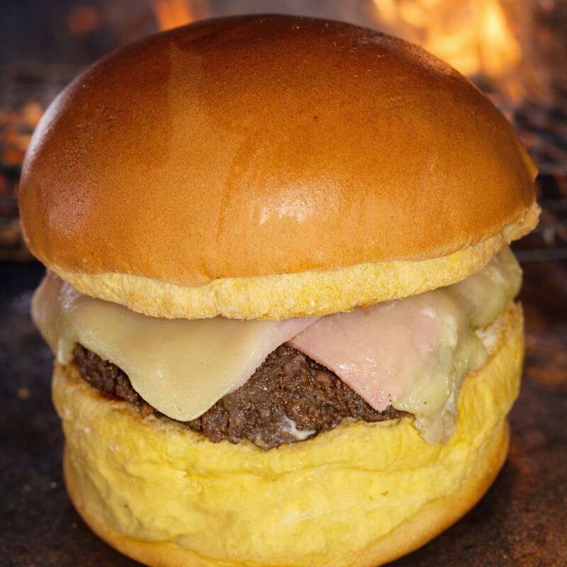Pão Brioche, Maionese, Hamburguer artesanal 120g, queijo mussarela, presunto.