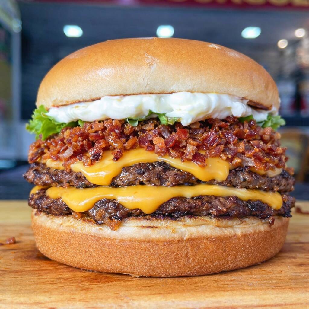 Hambúrguer Artesanal feito na Hora com Ingredientes Suculentos .
Pão brioche , 2 carne de 60g , queijo Cheddar, Catupiry , bacon picadinho , Tomate , alface , picles , cebola picadinha e nossa deliciosa maionese caseira .