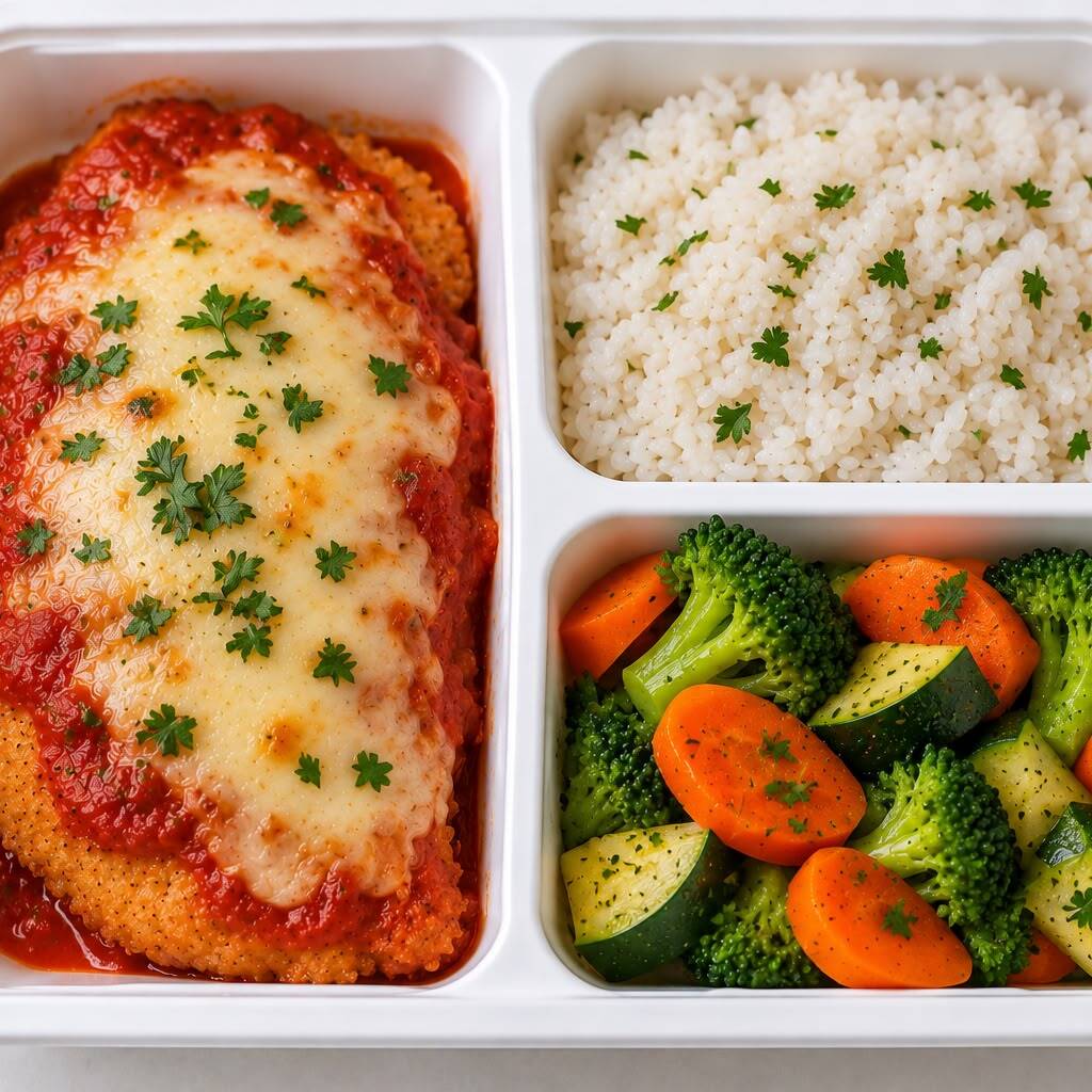 Filé de frango empanado sem glúten (120g), coberto com molho de tomate (50g) e mussarela (25g), acompanhado de arroz branco (80g) e legumes (100g). Uma parmegiana leve, saborosa e bem servida. 410 kcal | 38g de proteína