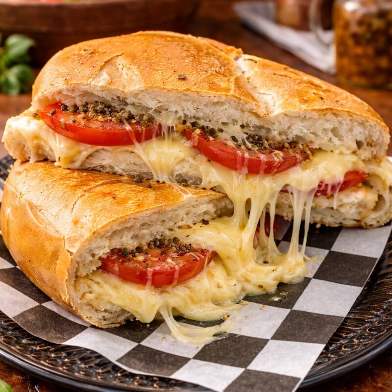 Pão francês, queijo meia cura derretido, queijo provolone e tomate fresco.